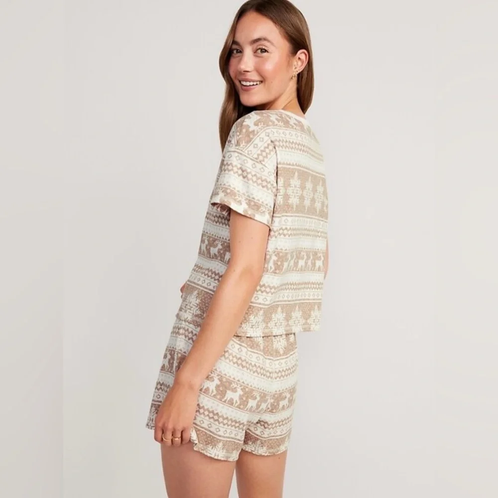 Old Navy Women’s Waffle Knit Pajama‎ Shorts Set Jingle Jammies Tan & White SZ XL